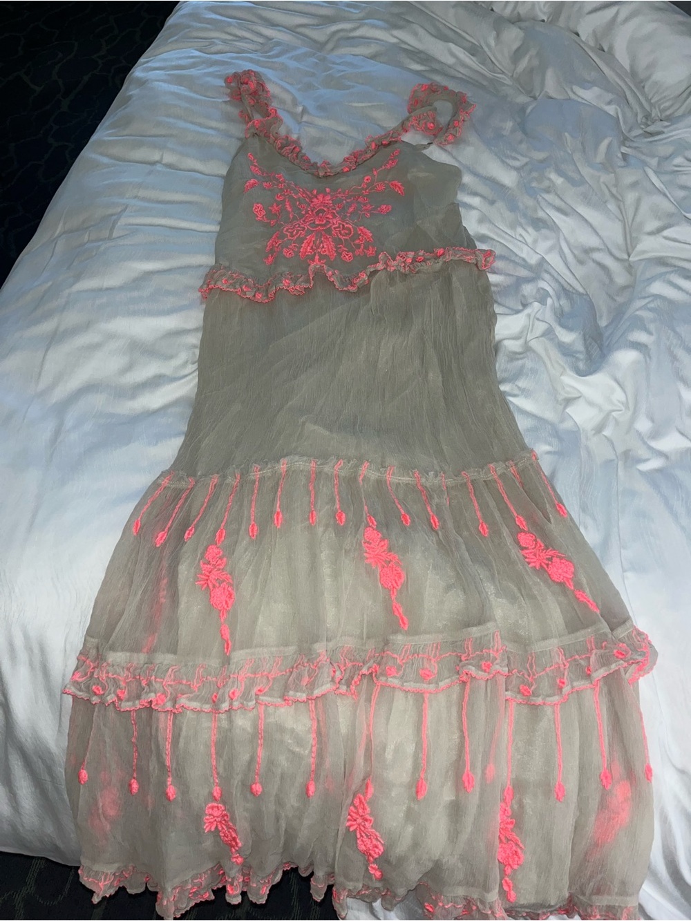 free people Sheer Beige Dress with Neon Pink Embroidery